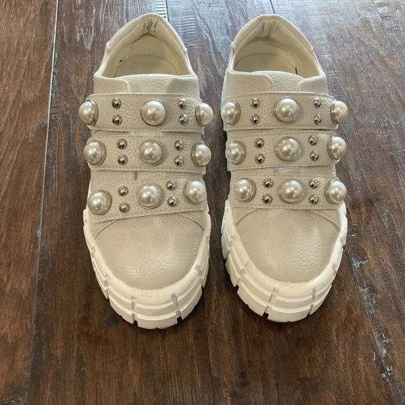 Karl Lagerfeld Paris White Leather Platform Cavan Sneakers With Pearl Size 